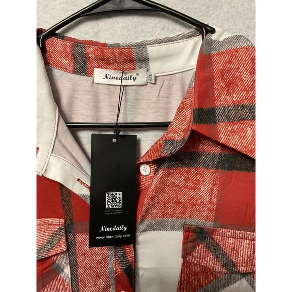 Ninedaily Shirt Womens 2XL Red White Plaid Button Up Tunic Top Pockets Casual - Picture 2 of 6